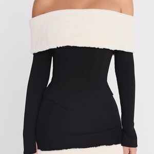 House of CB Black and Cream Off-Shoulder Faux-Fur Trim Top and Skirt Set